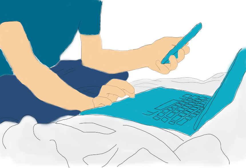 Ilustración de una persona sentada frente a una laptop Abierta mientras sostiene un dispositivo móvil al mismo tiempo